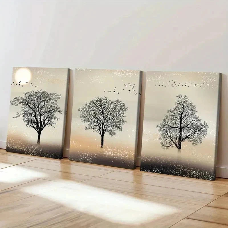 3pcs Trees Under Sunset Simple Style Wall Art Set Canvas Framed 40x60cm - High Quality Print 100% Australian Made Wall Canvas Ready to Hang