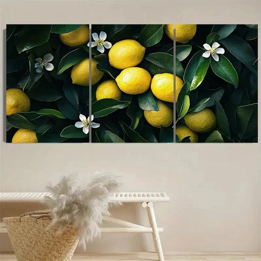 3pcs Vibrant Lemon & Floral Wall Art Set Canvas Framed 50x70cm - High Quality Print 100% Australian Made Wall Canvas Ready to Hang