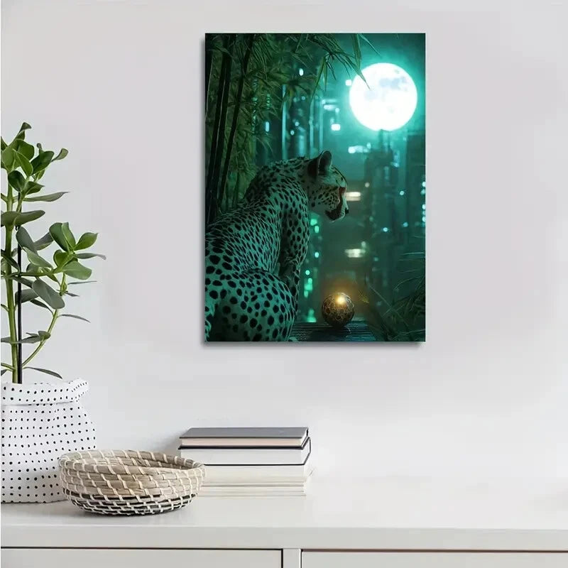 Cheetah & Moonlit Bamboo Moonlight Scene Painting 40x60cm Metal Print Ready to Hang