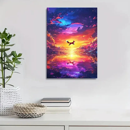 Vibrant Fox Sunset Reflection Joyful Fox Painting 40x60cm Metal Print Ready to Hang