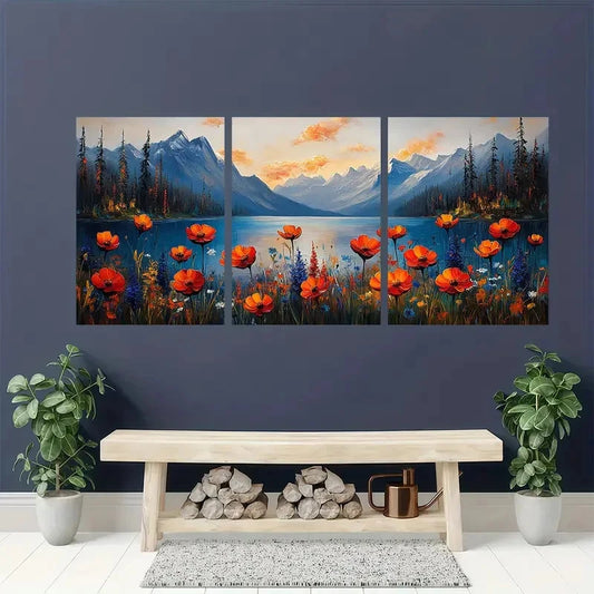 3pcs Vibrant Wildflower Scenery Lake Perfect Wall Art Set Canvas Framed 40x60cm - High Quality Print 100% Australian Made Wall Canvas Ready to Hang