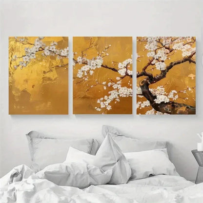 3pcs Japanese Cherry Blossom Golden Perfect Wall Art Set Canvas Framed 40x60cm - High Quality Print 100% Australian Made Wall Canvas Ready to Hang