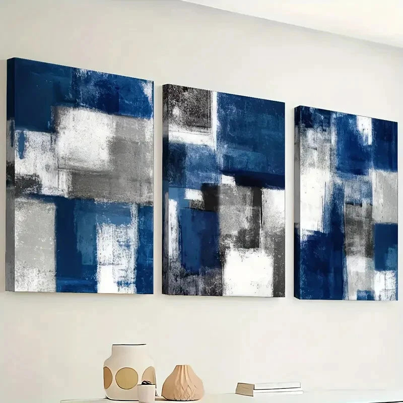 3pcs Abstract Blue Color Block Geometric Wall Art Set Canvas Framed 40x60cm - High Quality Print 100% Australian Made Wall Canvas Ready to Hang