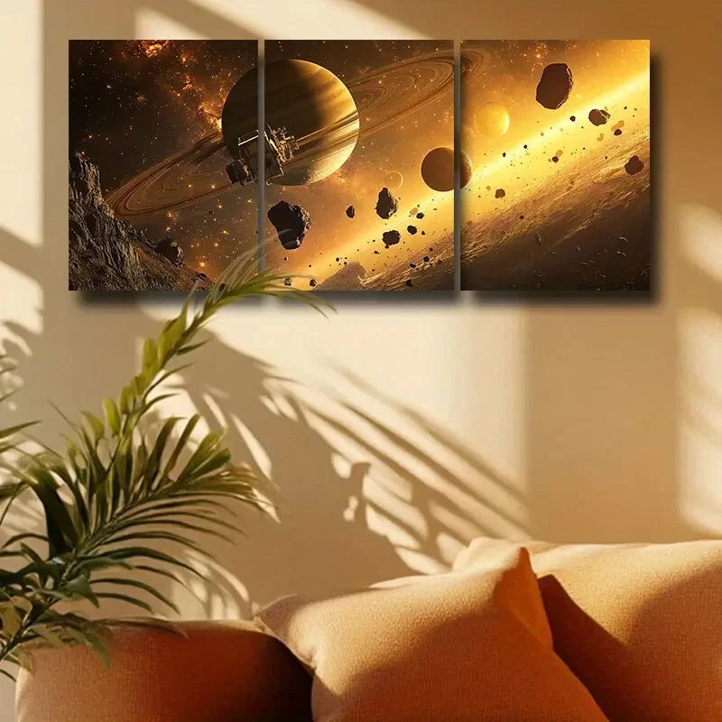 3pcs Golden Planets & Stars Dramatic Perfect Wall Art Set Canvas Framed 40x60cm - High Quality Print 100% Australian Made Wall Canvas Ready to Hang