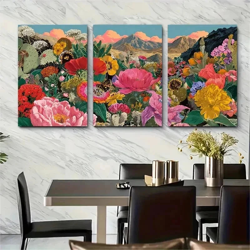 3pcs Vintage Wildflower Mountain Florals Perfect Wall Art Set Canvas Framed 50x70cm - High Quality Print 100% Australian Made Wall Canvas Ready to Hang
