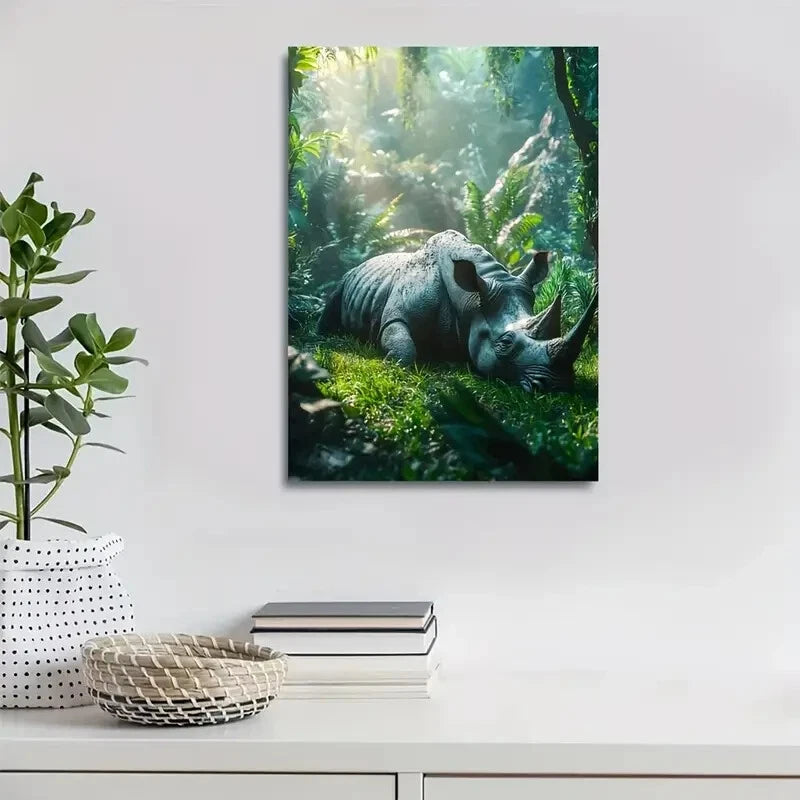 Rhino in Jungle Fantasy Scene Painting 40x60cm Metal Print Ready to Hang