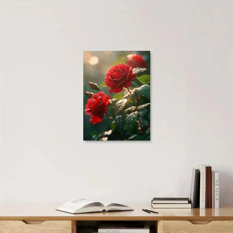 Framed photograph of red roses on a wall above a wooden shelf with books.