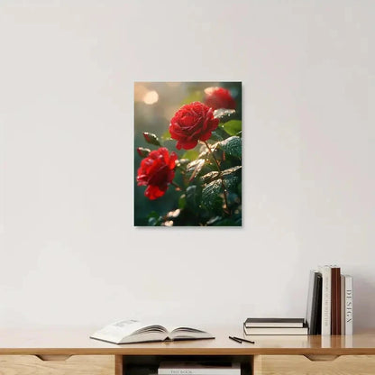 Framed photograph of red roses on a wall above a wooden shelf with books.