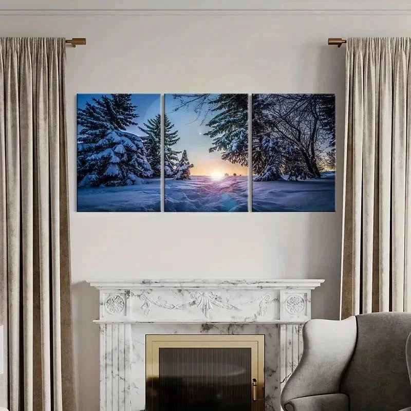 3pcs Winter Snow Scene Woods Sunrise Wall Art Set Canvas Framed 40x60cm - High Quality Print 100% Australian Made Wall Canvas Ready to Hang