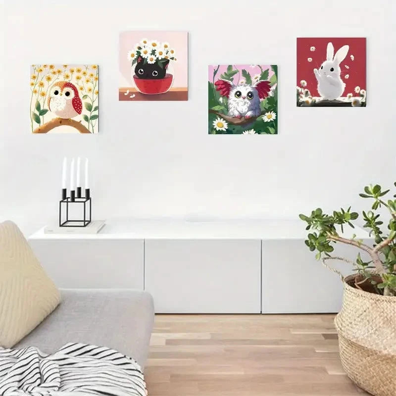 4pcs Whimsical Cartoon Animal & Botanical Daisy Wall Art Canvas Framed
