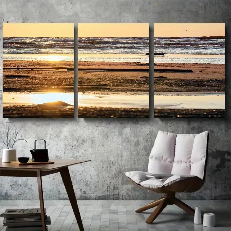 3pcs Ocean View Sunset Beach Coastal Metal Print Ready to Hang Art