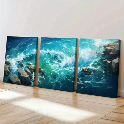 3pcs Anime Style Sea Waves & Rocks Wall Art Set Canvas Framed 40x60cm - High Quality Print 100% Australian Made Wall Canvas Ready to Hang