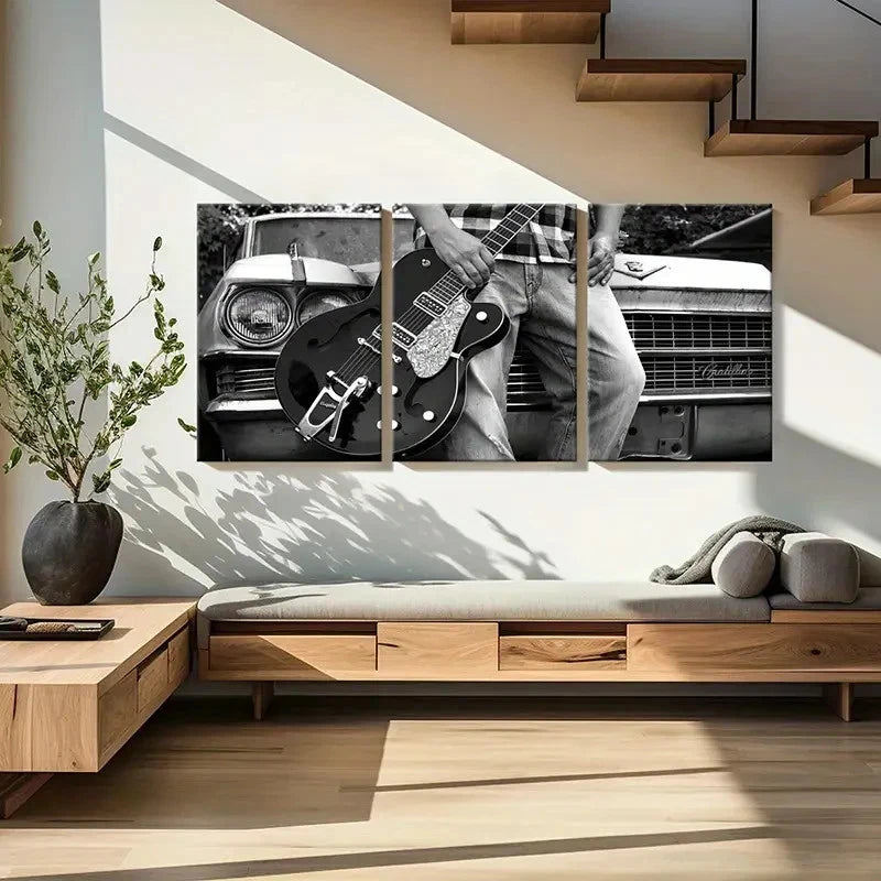 3pcs Black & White Guitar & Musical Instrument Wall Art Set Canvas Framed 60x90cm - High Quality Print 100% Australian Made Wall Canvas Ready to Hang