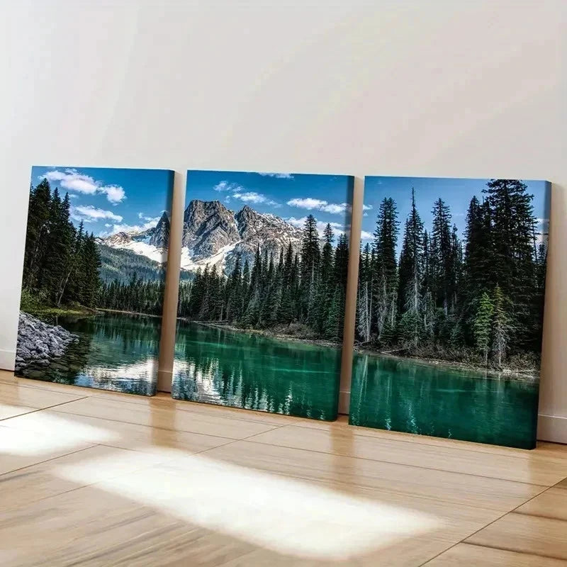 3pcs Mountains Forest River Nature Theme Wall Art Set Canvas Framed 40x60cm - High Quality Print 100% Australian Made Wall Canvas Ready to Hang