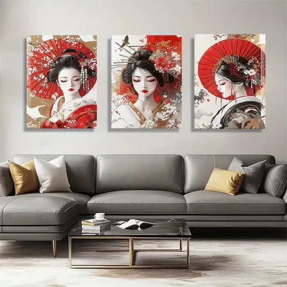 3pcs Women Red Umbrellas Elegant Geisha Perfect Wall Art Canvas Unframed - High Quality Print 100% Australian Made Wall Canvas