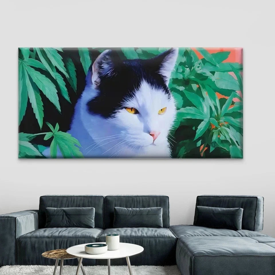Black & White Cat Portrait Wall Art Canvas Office Home Room Framed 120x60cm