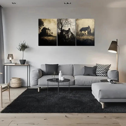 3pcs Vintage Farmhouse Buildings & Lush Greenery Metal Print Ready to Hang Art