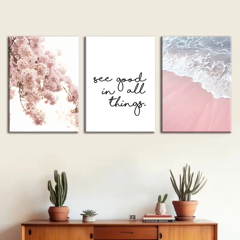 3pcs Pink Floral Beach Scenery Metal Print Ready to Hang Art