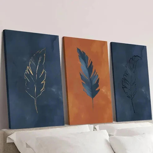 3pcs Luxury Blue and Orange Feather Wall Art Canvas Unframed - High Quality Print 100% Australian Made Wall Canvas