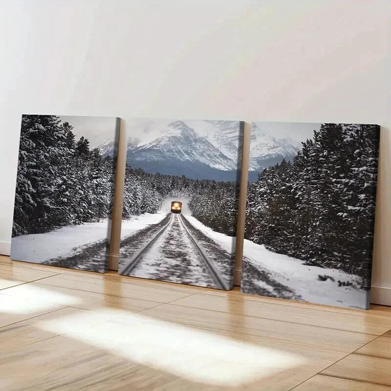 3pcs Snow Scene Steam Train Modern Vehicle Wall Art Set Canvas Framed 40x60cm - High Quality Print 100% Australian Made Wall Canvas Ready to Hang