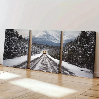 3pcs Snow Scene Steam Train Modern Vehicle Wall Art Set Canvas Framed 40x60cm - High Quality Print 100% Australian Made Wall Canvas Ready to Hang