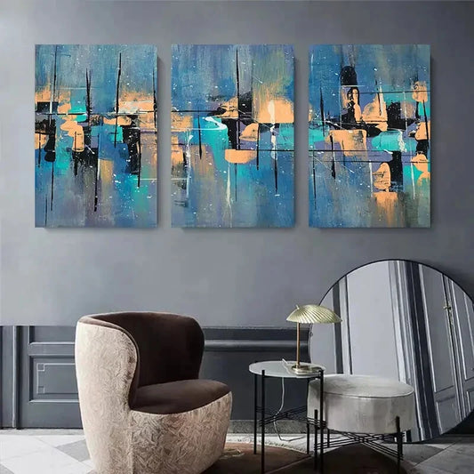 3pcs Vibrant Blue, Orange & Black Brushstroke Metal Print Ready to Hang Art