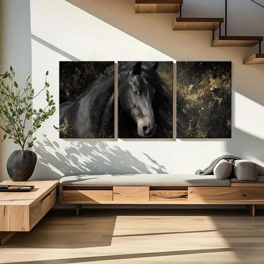 3pcs Black Horse Art Equestrian Decor Metal Print Ready to Hang Art