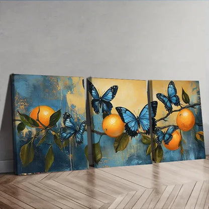 3pcs Beautiful Blue Butterflies & Orange Perfect Wall Art Set Canvas Unframed - High Quality Print 100% Australian Made Wall Canvas