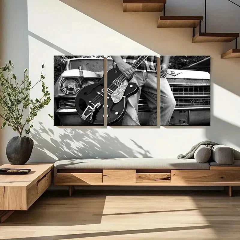 3pcs Black & White Guitar & Musical Instrument Wall Art Set Canvas Framed 40x60cm - High Quality Print 100% Australian Made Wall Canvas Ready to Hang