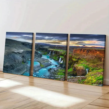 3pcs Canyon Waterfall and River Plain Wall Art Set Canvas Framed 40x60cm - High Quality Print 100% Australian Made Wall Canvas Ready to Hang