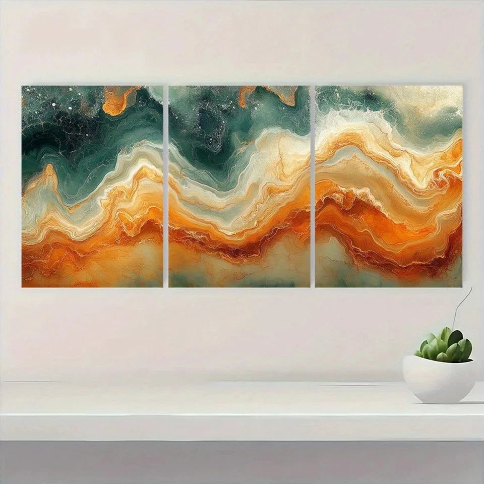 3pcs Swirls Of Burnt Orange Olive Green Earthy Metal Print Ready to Hang Art