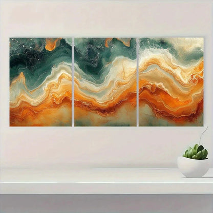 3pcs Swirls Of Burnt Orange Olive Green Earthy Metal Print Ready to Hang Art