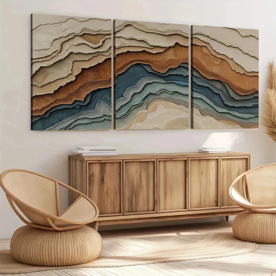 3pcs Abstract Earth Tones Blue Wave Brown Gray Wall Art Set Canvas Framed 50x70cm - High Quality Print 100% Australian Made Wall Canvas Ready to Hang