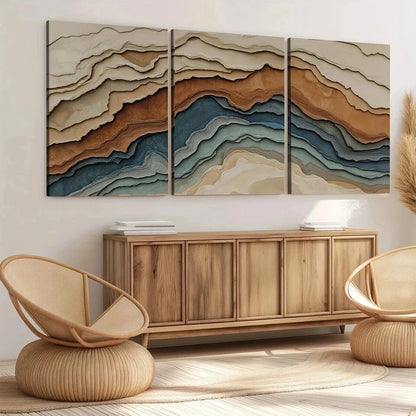 3pcs Abstract Earth Tones Blue Wave Brown Gray Wall Art Set Canvas Framed 50x70cm - High Quality Print 100% Australian Made Wall Canvas Ready to Hang
