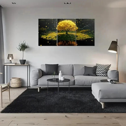 3pcs Vibrant Foliage & Butterflies Golden Tree Metal Print Ready to Hang Art