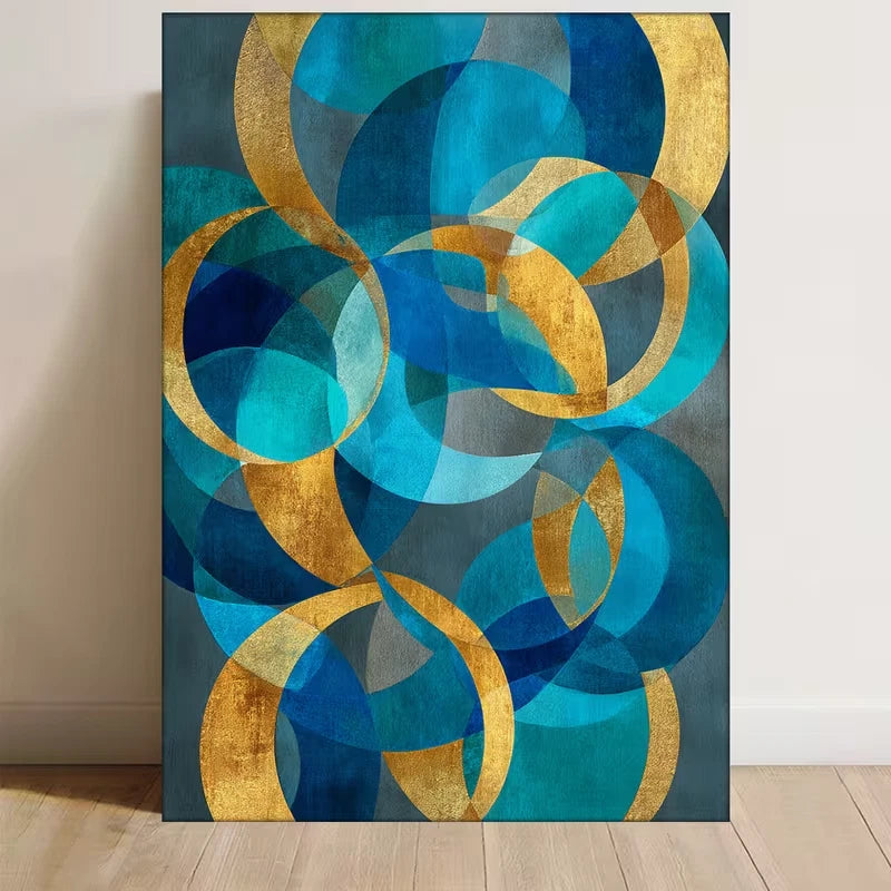 Abstract Navy Blue, Golden Circles Metal Print Ready to Hang