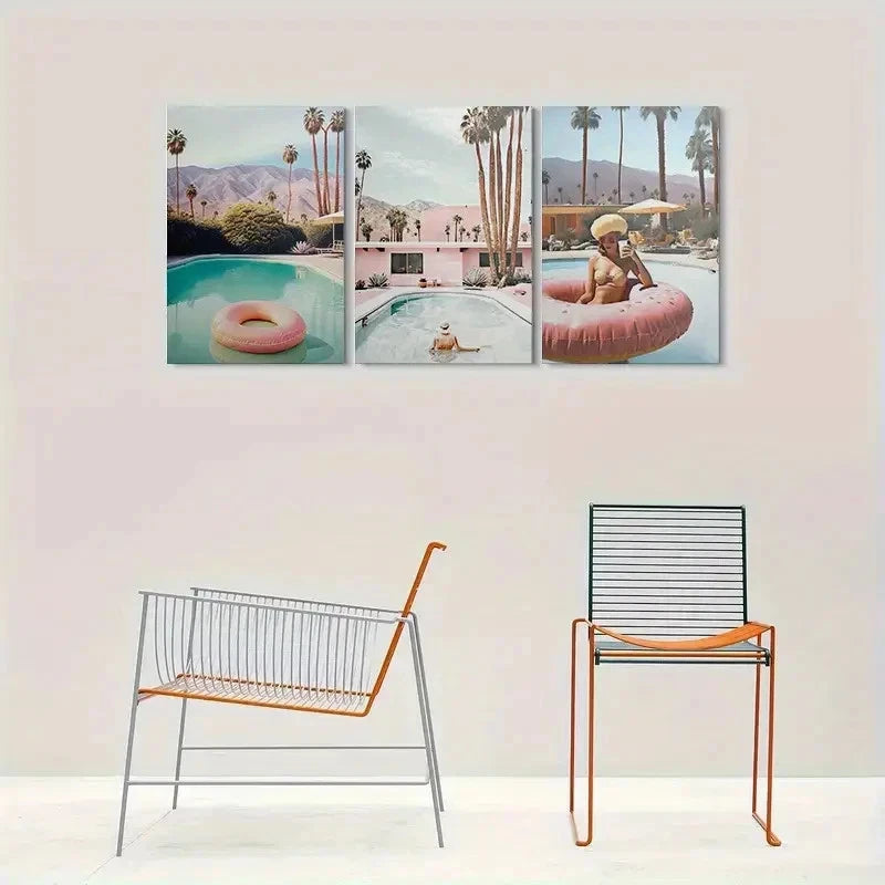 3pcs Vibrant Palm Springs Poolside Metal Print Ready to Hang Art