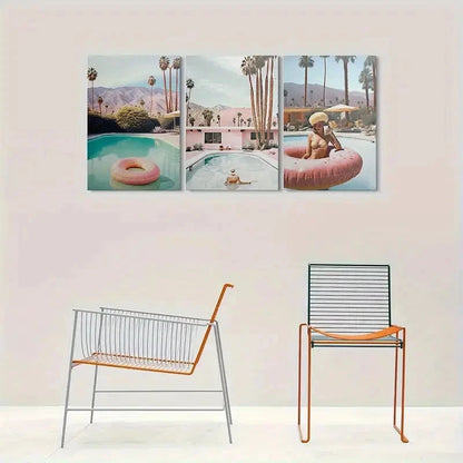 3pcs Vibrant Palm Springs Poolside Metal Print Ready to Hang Art