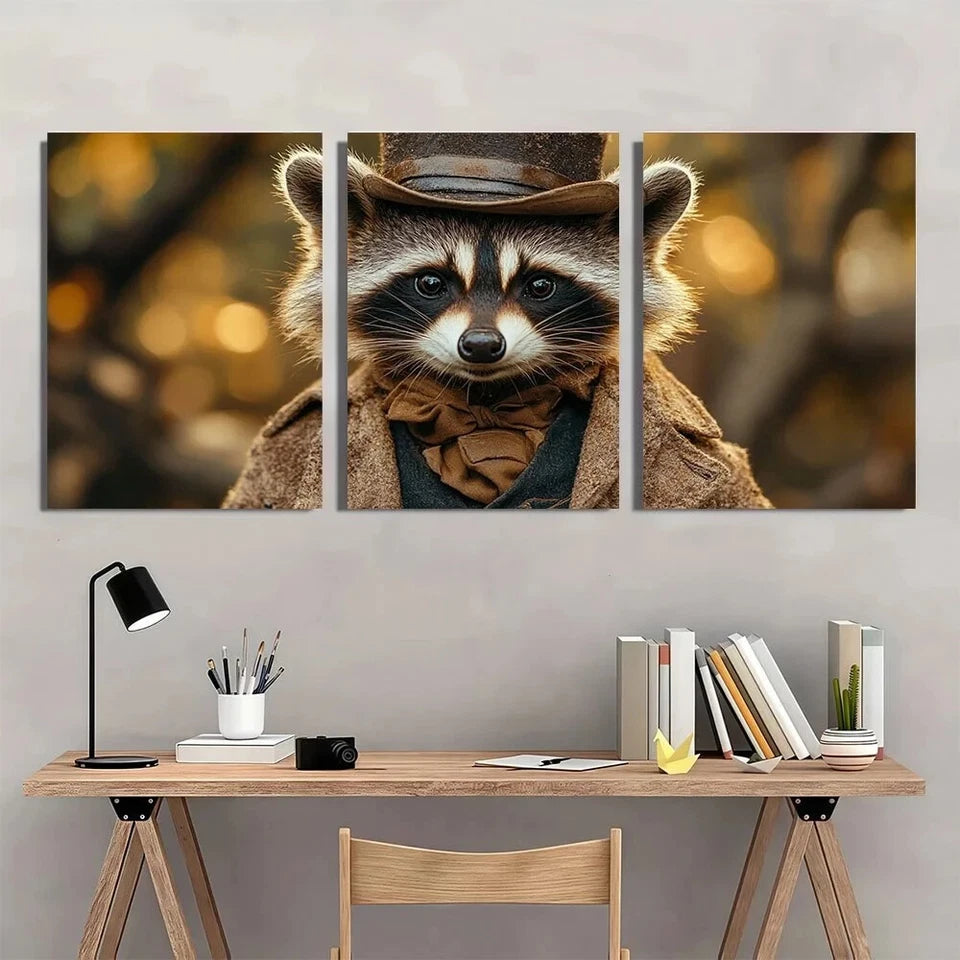 3pcs Vintage Gentleman Raccoon Modern Style Metal Print Ready to Hang Art