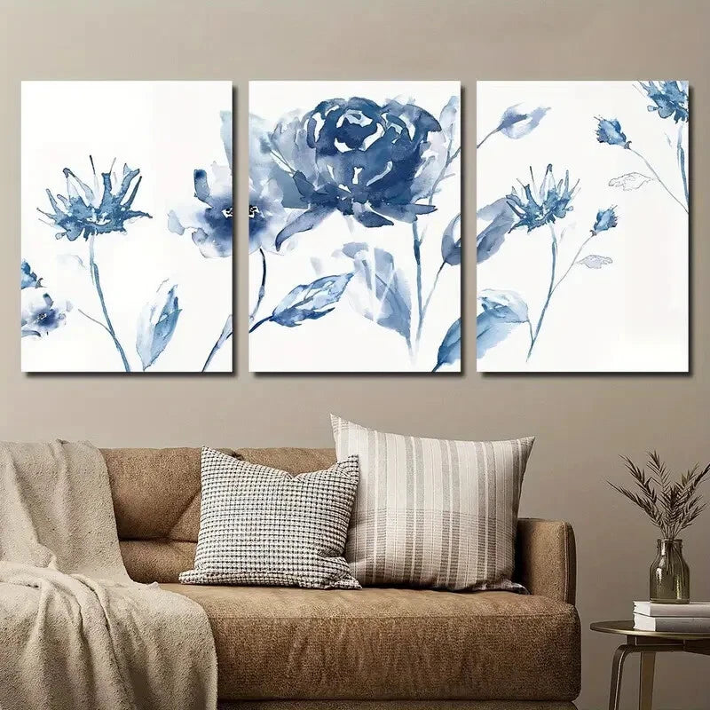 3pcs Elegant and Simple Blue Flowers Wall Art Set Canvas Framed 40x60c