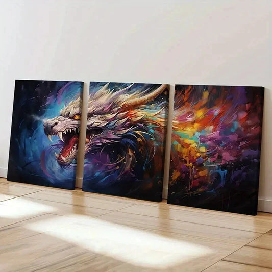 3pcs Abstract Dragon with Fiery Breath Wall Art Set Canvas Framed 40x60cm - High Quality Print 100% Australian Made Wall Canvas Ready to Hang