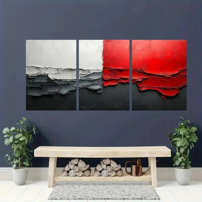 3pcs Painting Gray Abstract Painting Red Textured Metal Print Ready to Hang Art