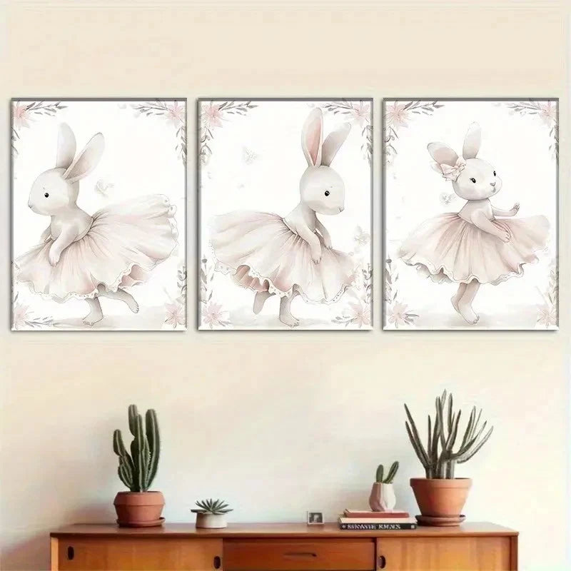 3pcs Adorable Ballet Rabbit Cute Rabbit Dancer Metal Print Ready to Hang Art