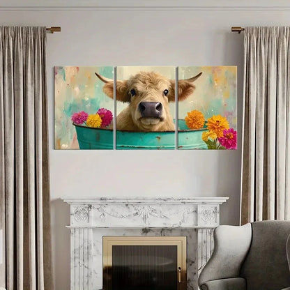 3pcs Cow in Tub with Vibrant Floral Surroundings Metal Print Ready to Hang Art