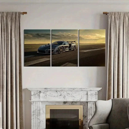 3pcs Sleek Gray Sports Car at Sunset Wall Art Set Canvas Framed 40x60cm - High Quality Print 100% Australian Made Wall Canvas Ready to Hang