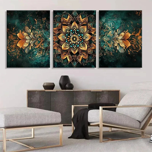 3pcs Golden Mandala Geometric Panel Perfect Wall Art Set Canvas Framed 40x60cm - High Quality Print 100% Australian Made Wall Canvas Ready to Hang