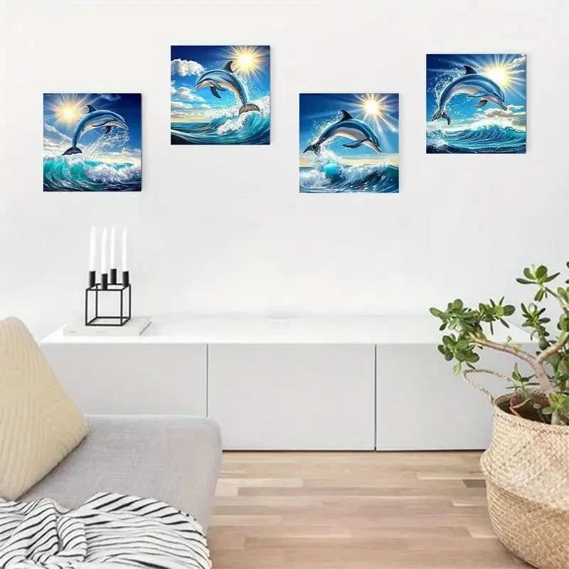 4pcs Vibrant Marine Life & Jumping Dolphins Scen Wall Art Canvas Framed