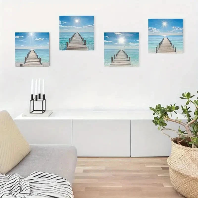 4pcs  Beach Pier & Ocean View Paintings Wall Art Canvas Framed
