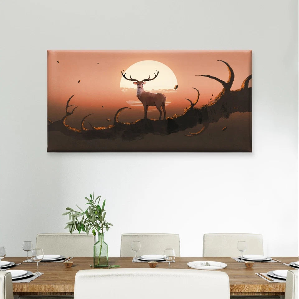Deer With Tree at Sunset Wildlife Wall Art Canvas Office Home Framed 120x60cm