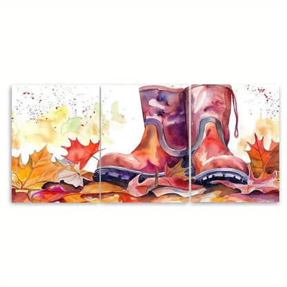 3pcs Autumn Rain Boots Vibrant Fall Leaves Design Metal Print Ready to Hang Art